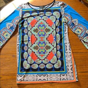 Melissa Paige Blue and Black Patterned Tunic Top Split Sleeves Medium